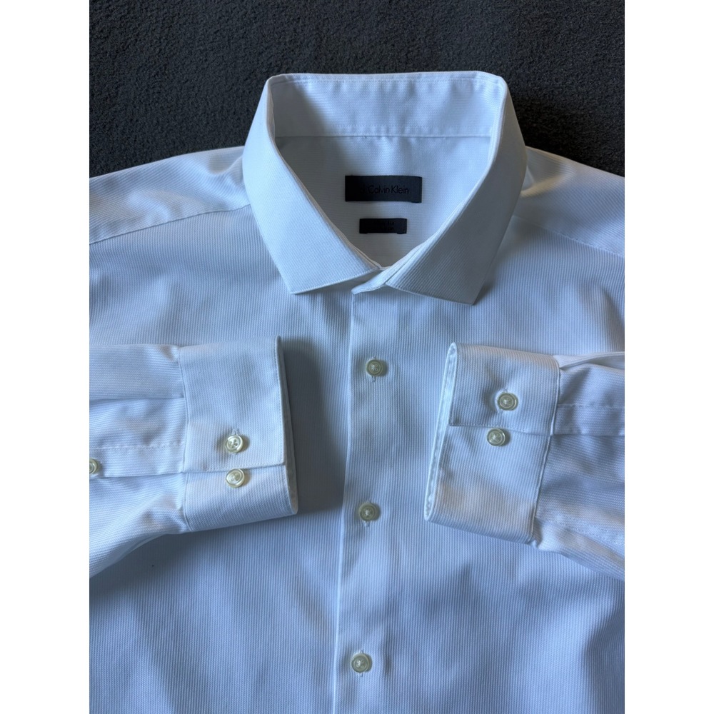 Calvin Klein Slim Fit Non Iron White Textured Dress Shirt Mens 18 34/35 -EUC